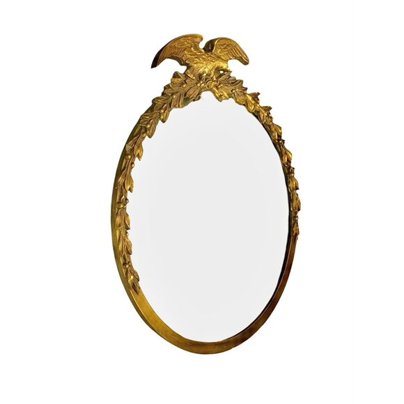 Mirror Vintage Round Gilt Wood Frame with Federal Eagle on Top and Carved Wreath - Picture 3 of 6